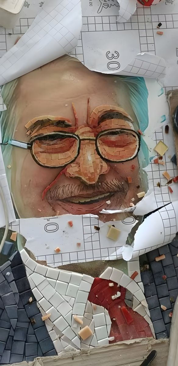 A mosaic portrait in progress on the studio bench